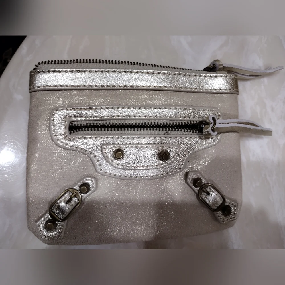 Balenciaga Paris Gold Leather Trim Card Coin Zip Holder